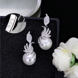 Pearl rhinestone bridal Earrings .925 Sterling Silver Posts + Velvet Gift Pouch